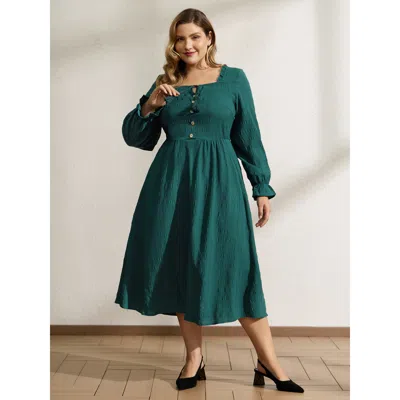 Bloomchic Women's Plus Size Textured Ruffled Neck Shirred Drawstring Midi Dress Cyan Synthetic Texture Midi El In Blue