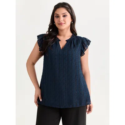 Bloomchic Women's Plus Size Textured Ruffled Notched Collar Blouse Darkblue Solid Elegant Cap Sleeve V-notch N In Blue