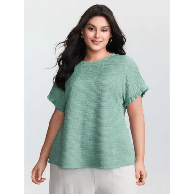Bloomchic Women's Plus Size Textured Ruffled Sleeve Detail Plain T-shirt Malachitegreen Non Casual Short Sleev