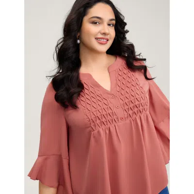 Bloomchic Women's Plus Size Textured Ruffled Sleeve Flowy Blouse Coral Synthetic Texture Elegant 3/4 Sleeve 14 In Orange