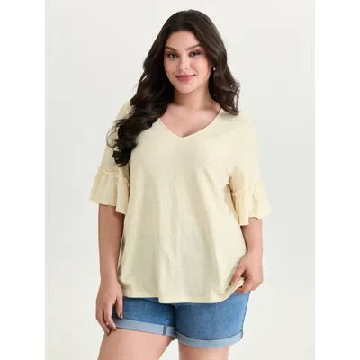Bloomchic Women's Plus Size Textured Ruffled Sleeve Flowy T-shirt Beige Casual Short Sleeve Deep V-neck 12/l In Sand