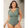 Bloomchic Women's Plus Size Textured Ruffled Solid One-piece Swimsuit Greenbean Solid Ruffles Bust Support 30/