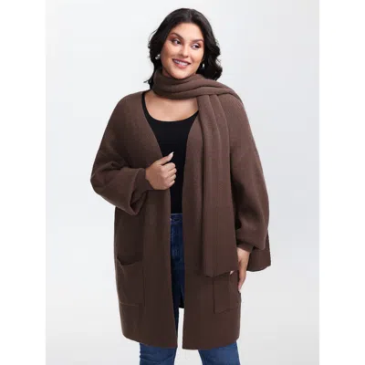 Bloomchic Women's Plus Size Textured Scarf Pockets Knit Cardigan Browncoffeecolor Long Sleeve 22-24/3x