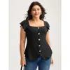 Bloomchic Women's Plus Size Textured Shape Button Flutter Sleeve Blouse Black Solid Office Short Sleeve Square In Black