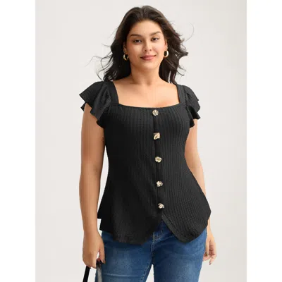 Bloomchic Women's Plus Size Textured Shape Button Flutter Sleeve Blouse Black Solid Office Short Sleeve Square