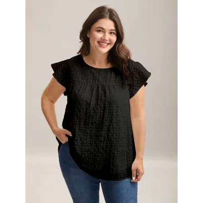 Bloomchic Women's Plus Size Textured Sheer Lined Flutter Sleeve Blouse Black Casual Short Sleeve Round Neck 22