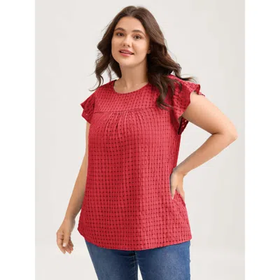Bloomchic Women's Plus Size Textured Sheer Lined Flutter Sleeve Blouse Brightred Casual Short Sleeve Round Nec