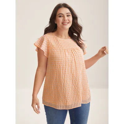 Bloomchic Women's Plus Size Textured Sheer Lined Flutter Sleeve Blouse Coral Casual Short Sleeve Round Neck 30 In Orange