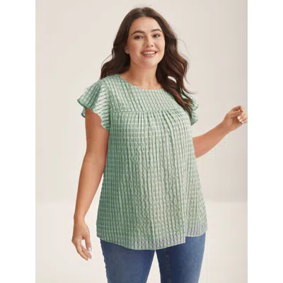 Bloomchic Women's Plus Size Textured Sheer Lined Flutter Sleeve Blouse Greenbean Casual Short Sleeve Round Nec