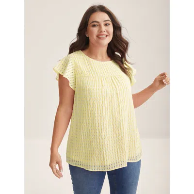 Bloomchic Women's Plus Size Textured Sheer Lined Flutter Sleeve Blouse Lightyellow Casual Short Sleeve Round N