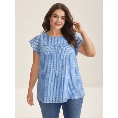 Bloomchic Women's Plus Size Textured Sheer Lined Flutter Sleeve Blouse Skyblue Casual Short Sleeve Round Neck  In Blue