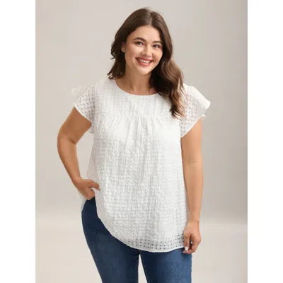 Bloomchic Women's Plus Size Textured Sheer Lined Flutter Sleeve Blouse Whitesmoke Casual Short Sleeve Round Ne