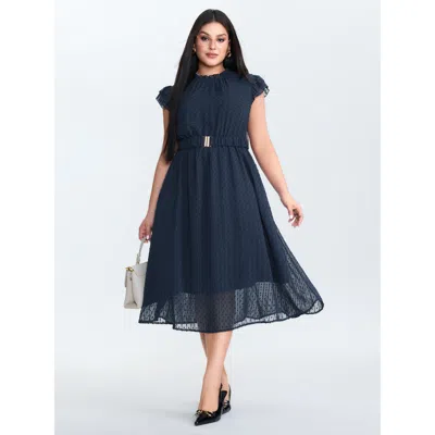 Bloomchic Women's Plus Size Textured Sheer Ruffled Mock Neckline Midi Dress Indigo Synthetic Texture Midi Offi In Purple