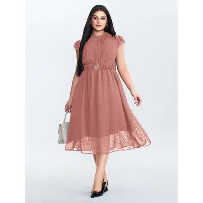 Bloomchic Women's Plus Size Textured Sheer Ruffled Mock Neckline Midi Dress Rouge Synthetic Texture Midi Offic In Red