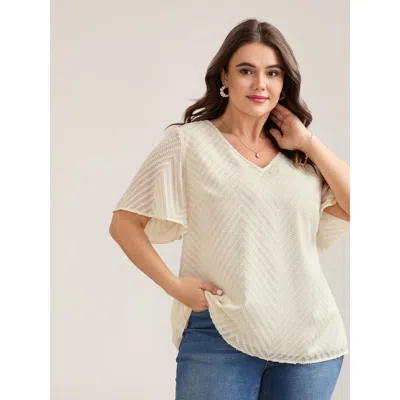 Bloomchic Women's Plus Size Textured Sheer Ruffled Sleeve Blouse Ivory Solid Elegant Short Sleeve V-neck 12/l In White