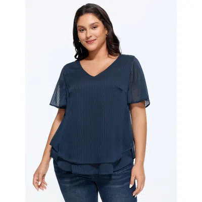 Bloomchic Women's Plus Size Textured Sheer Sleeve Layered Hem Blouse Indigo Else Elegant Short Sleeve V-neck 1 In Purple