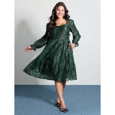 Bloomchic Women's Plus Size Textured Shirred Backless Tie Midi Dress Darkgreen Synthetic Texture Midi Party Ti In Green