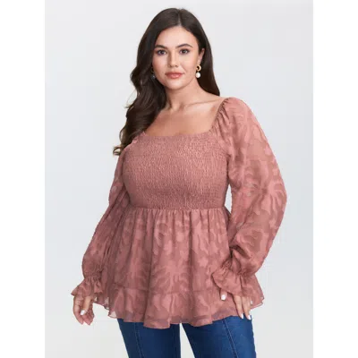 Bloomchic Women's Plus Size Textured Shirred Bodice Ruffled Cuff Blouse Crepe Floral Elegant Long Sleeve 14-16