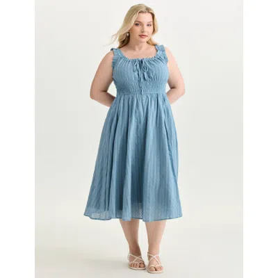 Bloomchic Women's Plus Size Textured Shirred Bodice Ruffled Straps Midi Dress Cerulean Synthetic Texture Midi  In Blue