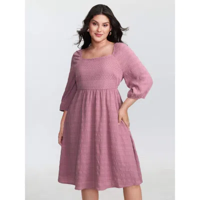 Bloomchic Women's Plus Size Textured Shirred Bodice Square Neckline Mini Dress Dustypink Synthetic Texture Kne In Pink