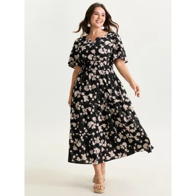 Bloomchic Women's Plus Size Textured Shirred Cinched Waist Maxi Dress Black Solid Maxi Vacation Smocked 10/m