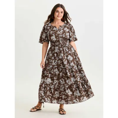 Bloomchic Women's Plus Size Textured Shirred Cinched Waist Maxi Dress Browncoffeecolor Solid Maxi Vacation Smo