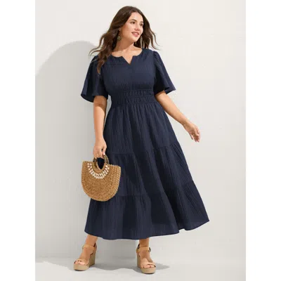 Bloomchic Women's Plus Size Textured Shirred Cinched Waist Maxi Dress Indigo Solid Maxi Vacation Smocked 14-16 In Purple