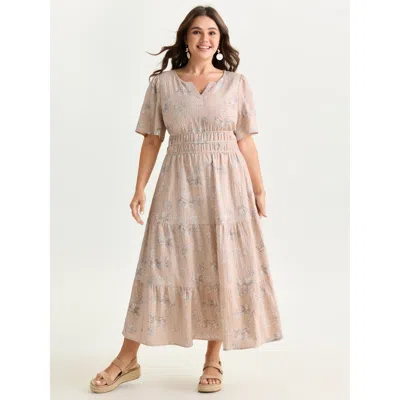 Bloomchic Women's Plus Size Textured Shirred Cinched Waist Maxi Dress Lightpink Solid Maxi Vacation Smocked 22