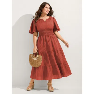 Bloomchic Women's Plus Size Textured Shirred Cinched Waist Maxi Dress Orangered Solid Maxi Vacation Smocked 10