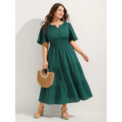 Bloomchic Women's Plus Size Textured Shirred Cinched Waist Maxi Dress Teal Solid Maxi Vacation Smocked 10/m In Blue