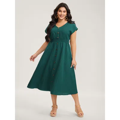 Bloomchic Women's Plus Size Textured Shirred Waist Button Midi Dress Cyan Synthetic Texture Midi Vacation Text In Blue