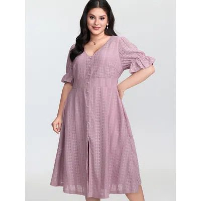 Bloomchic Women's Plus Size Textured Shirred Waist Cut-out Midi Dress Lilac Synthetic Texture Midi Elegant Tex In Purple