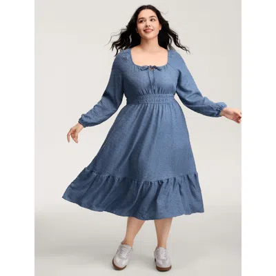 Bloomchic Women's Plus Size Textured Shirred Waist Neck-tie Maxi Dress Denimblue Synthetic Texture Midi Casual In Blue