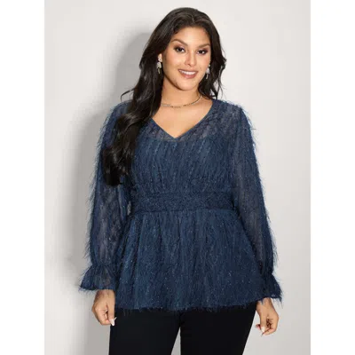 Bloomchic Women's Plus Size Textured Shirred Waist Sheer Blouse Indigo Synthetic Texture Party Extra Long Slee In Purple
