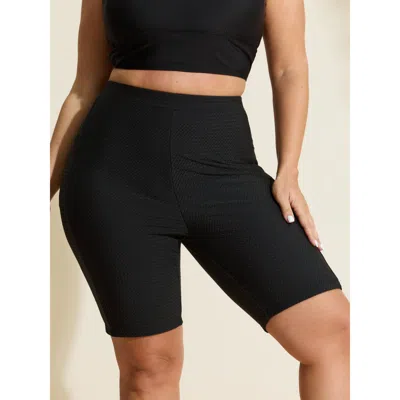 Bloomchic Women's Plus Size Textured Side Pockets Sculpting Swim Shorts Black Solid Short Cable Knit Elastic W