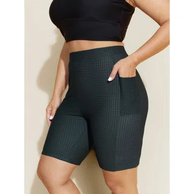 Bloomchic Women's Plus Size Textured Side Pockets Sculpting Swim Shorts Darkslategray Solid Short Cable Knit E
