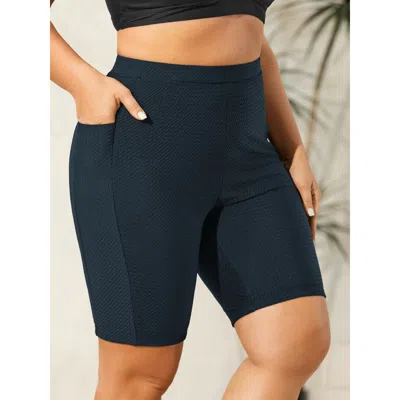 Bloomchic Women's Plus Size Textured Side Pockets Sculpting Swim Shorts Midnight Solid Short Cable Knit Elasti In Blue