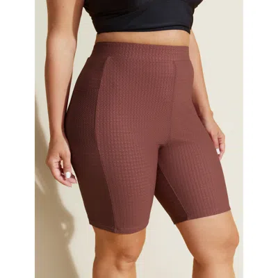 Bloomchic Women's Plus Size Textured Side Pockets Sculpting Swim Shorts Rust Solid Short Cable Knit Elastic Wa In Brown