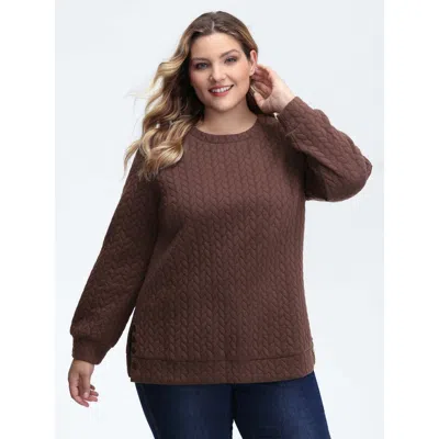 Bloomchic Women's Plus Size Textured Side Slit Round Neck Sweatshirt Browncoffeecolor Casual 10/m