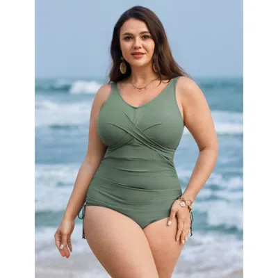 Bloomchic Women's Plus Size Textured Side-drawstring Tummy-control One-piece Swimsuit Sage Non Twist Adaptive- In Green