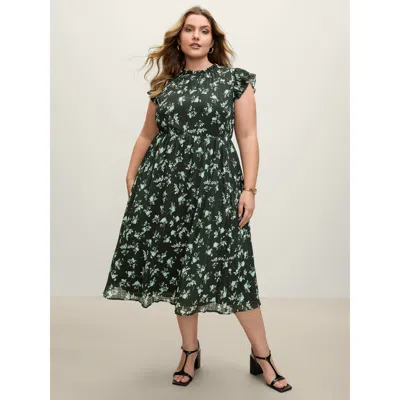 Bloomchic Women's Plus Size Textured Silhouette Flower Stretchy Collar Midi Dress Darkgreen Ditsy Floral Midi  In Green