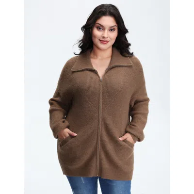 Bloomchic Women's Plus Size Textured Slant Pockets Zipper-front Knit Cardigan Browncoffeecolor Long Sleeve 10/