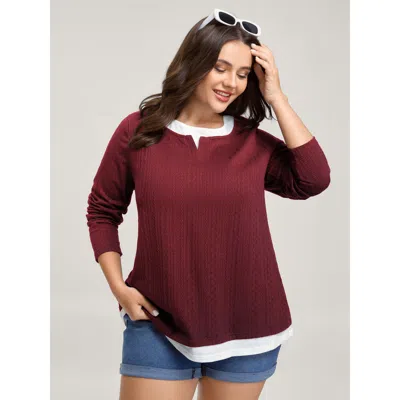 Bloomchic Women's Plus Size Textured Spliced Round Neck Solid T-shirt Burgundy Solid Casual Long Sleeve Round 