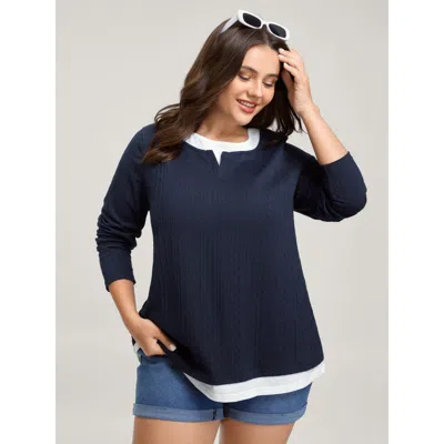 Bloomchic Women's Plus Size Textured Spliced Round Neck Solid T-shirt Darkblue Solid Casual Long Sleeve Round  In Blue