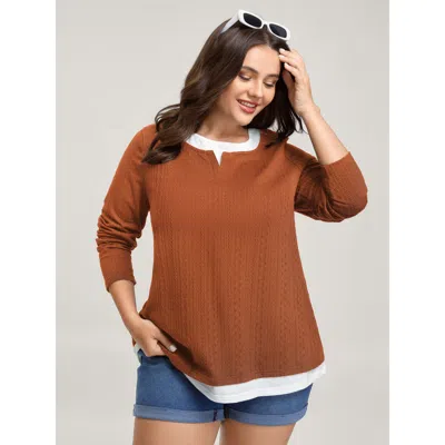 Bloomchic Women's Plus Size Textured Spliced Round Neck Solid T-shirt Orangered Solid Casual Long Sleeve Round