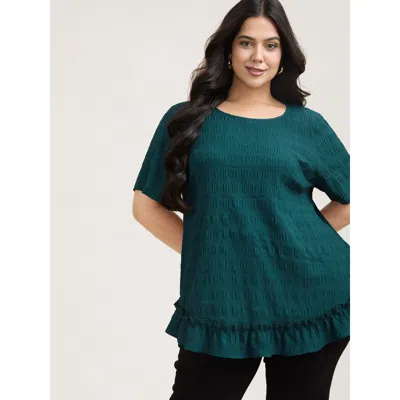 Bloomchic Women's Plus Size Textured Spliced Ruffle Edge Top Cyan Solid Casual Short Sleeve Round Neck 10/m In Blue