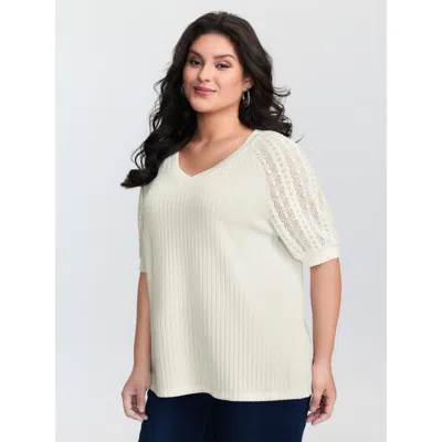Bloomchic Women's Plus Size Textured Spliced V-neck T-shirt Originalwhite Synthetic Texture Casual Half Sleeve
