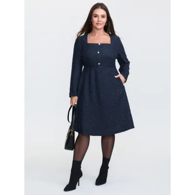 Bloomchic Women's Plus Size Textured Square Neckline Button Midi Dress Indigo Non Knee Office 30/6x In Purple