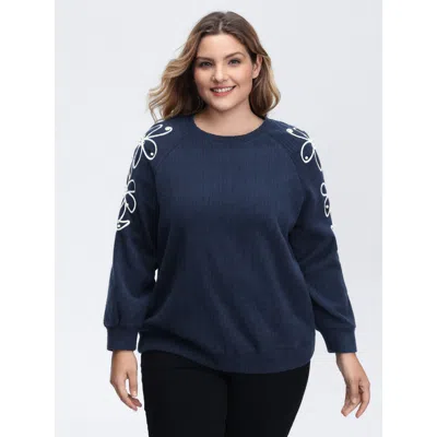 Bloomchic Women's Plus Size Textured Stretchy 3d Beadwork Sweatshirt Indigo Casual 10/m In Purple