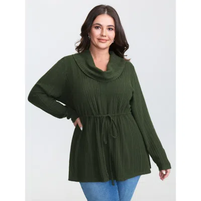 Bloomchic Women's Plus Size Textured Stretchy Adjustable Turtleneck T-shirt Darkgreen Solid Casual Long Sleeve In Green